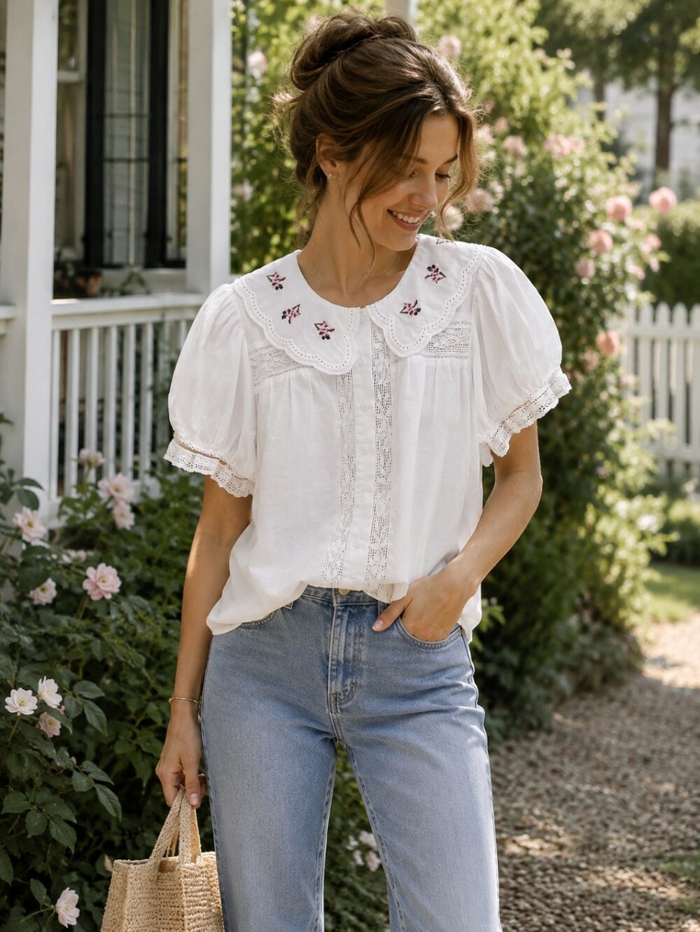 Maison d’Amélie White Embroidered Peter Pan Collar Blouse Cottagecore